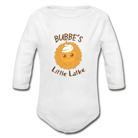 Bubbe's Little Latke. Organic Long Sleeve Baby Bodysuit. - white