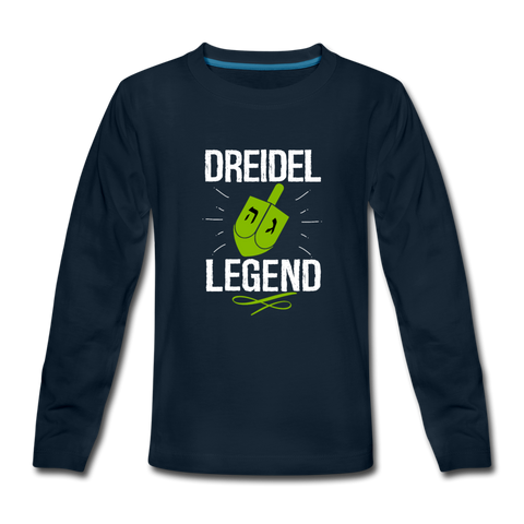 Dreidel Legend. Kid's Premium Long Sleeve Hanukkah T-Shirt - deep navy