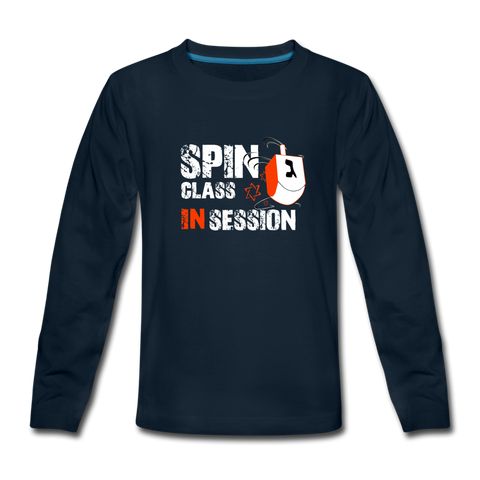 Spin Class In Session. Kid's Premium Long Sleeve Hanukkah T-Shirt - deep navy