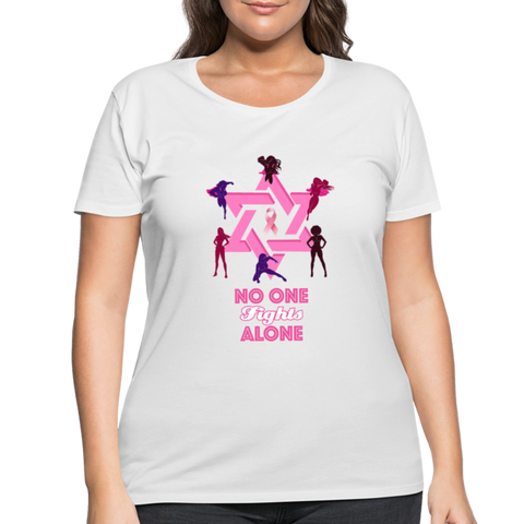Women’s Curvy And Proud Premium Breast Cancer Awareness Tee. No One Fights Alone (N.O.F.A). - white